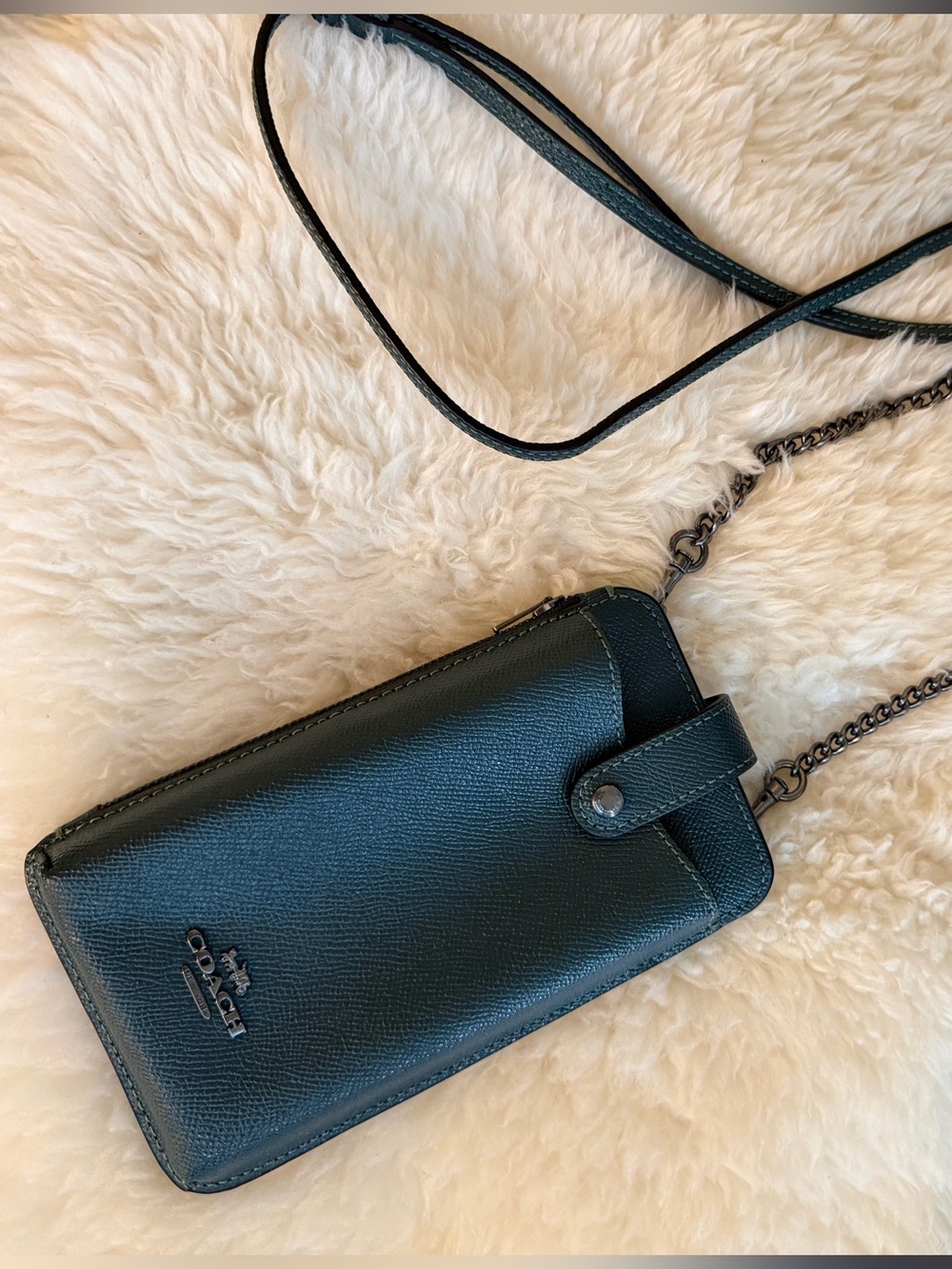 Coach Dark Green Leather Crossbody Phone Wallet with Chain Strap